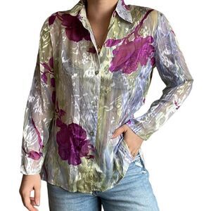 Vintage 80s Mirasol Womens Silk Blend Floral Slinky Sexy Button Down Blouse Sz S